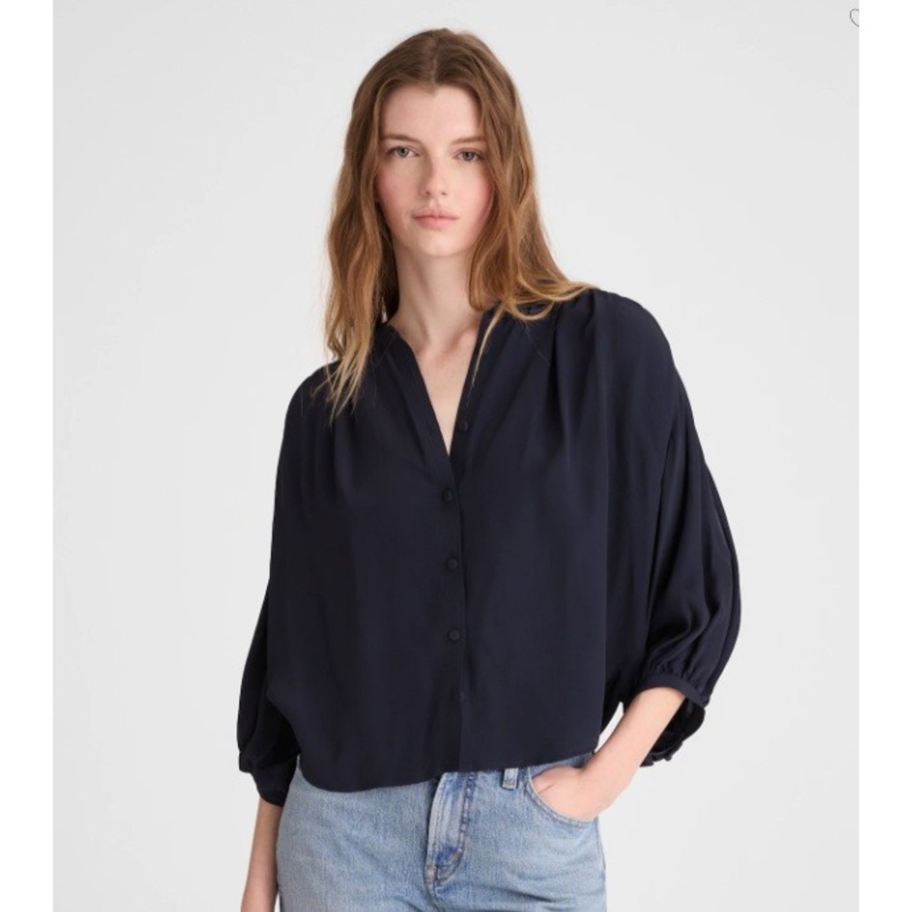 Madewell Top Women Medium Blue Shirred Sleeve Button Down Crepe NZ422